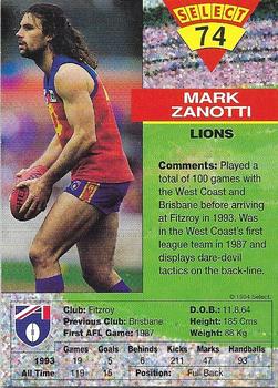 1994 Select AFL #74 Mark Zanotti Back